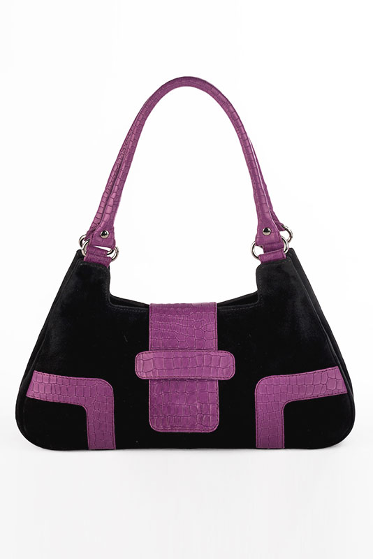 Mauve purple and matt black women's dress handbag, matching pumps and belts. Top view - Florence KOOIJMAN